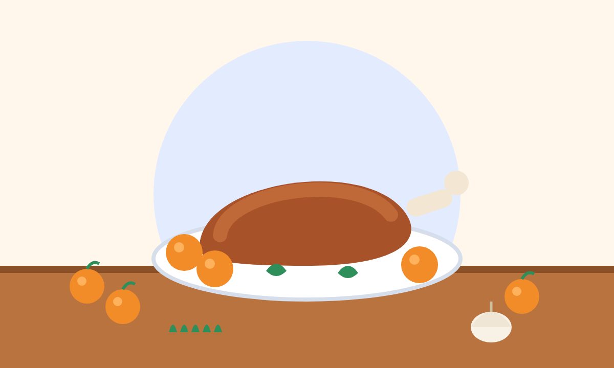 Pernil assado com laranjas sobre a mesa